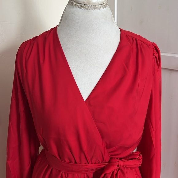 Express Red Surplus Neckline Long Sleeve Elastic Waist Dress - NWT - Size S - Picture 3 of 11